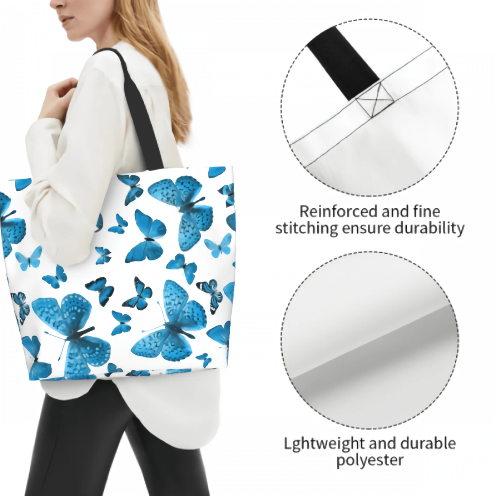 Хозяйственная сумка Blue Butterflies многоразового использования, сине-белая сумка-тоут, красивая художественная сумка через плечо, повседневная, легкая, большой емкости Изображение 3