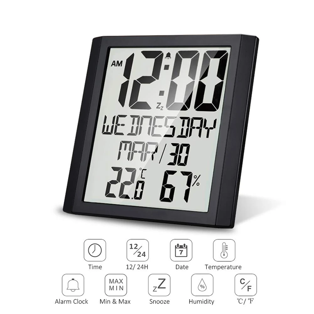 Цифровые настенные часы с температурой и влажностью, 8,6-дюймовый будильник с большим дисплеем, временем / датой / неделей для домашнего офиса Изображение 1