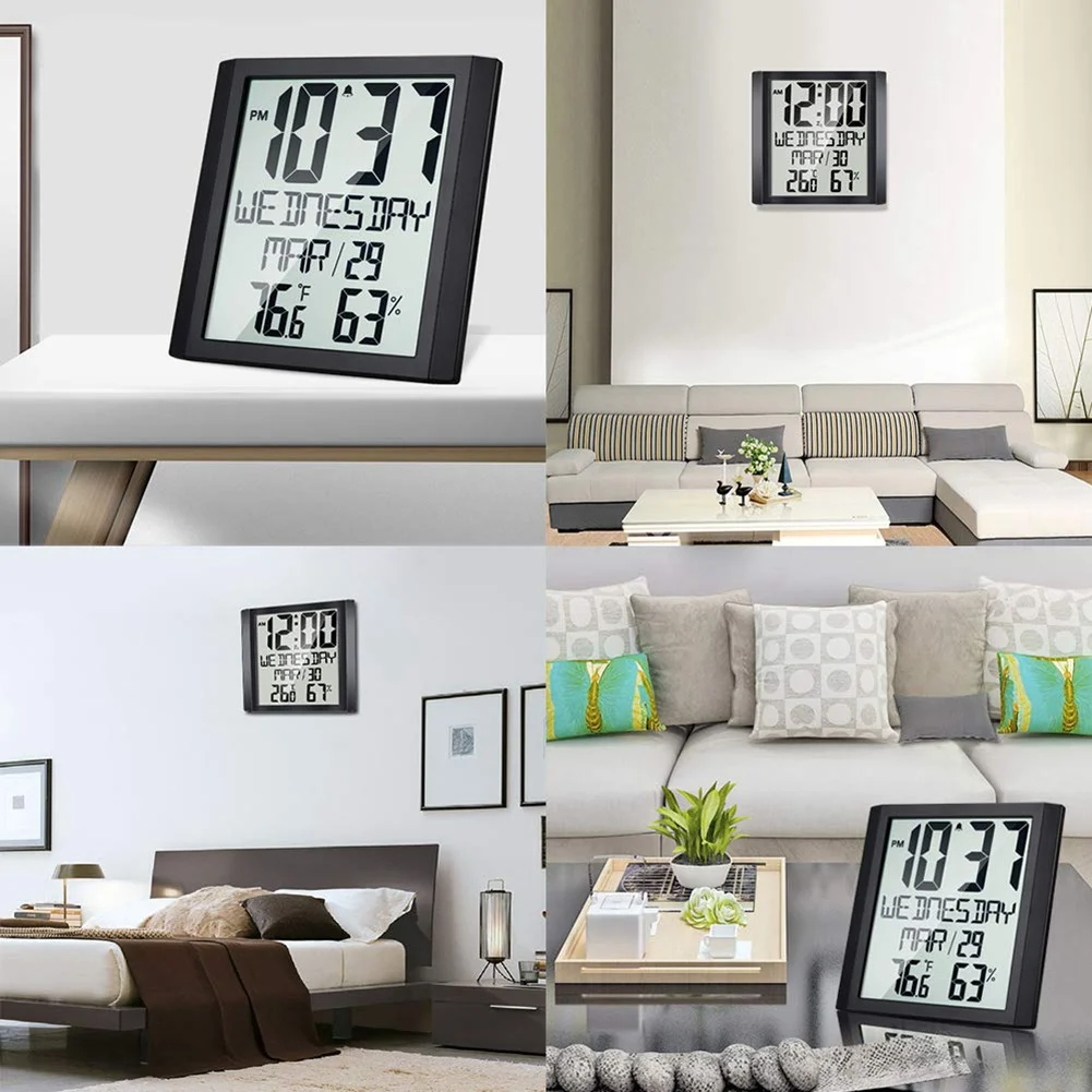 Цифровые настенные часы с температурой и влажностью, 8,6-дюймовый будильник с большим дисплеем, временем / датой / неделей для домашнего офиса Изображение 4