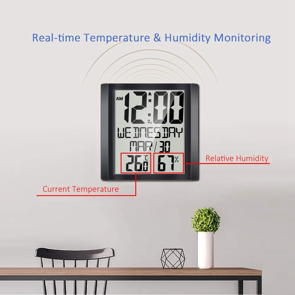 Цифровые настенные часы с температурой и влажностью, 8,6-дюймовый будильник с большим дисплеем, временем / датой / неделей для домашнего офиса Изображение 5