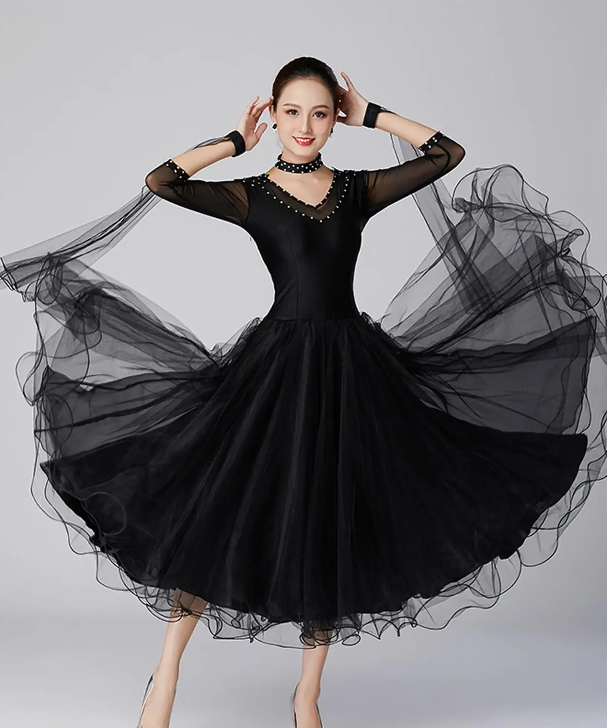 черное бальное платье, женские танцевальные костюмы для танго, платье для испанских танцев, женское танцевальное платье для фламенко, платье с v-образным вырезом и бахромой Изображение 5