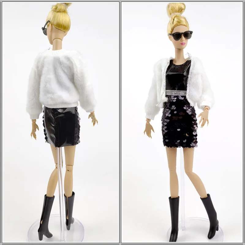 Черный, белый, модный комплект одежды для куклы Барби, офисная женская шуба, шляпа, платье с блестками, сапоги, аксессуары для кукол 1/6, игрушки Изображение 1