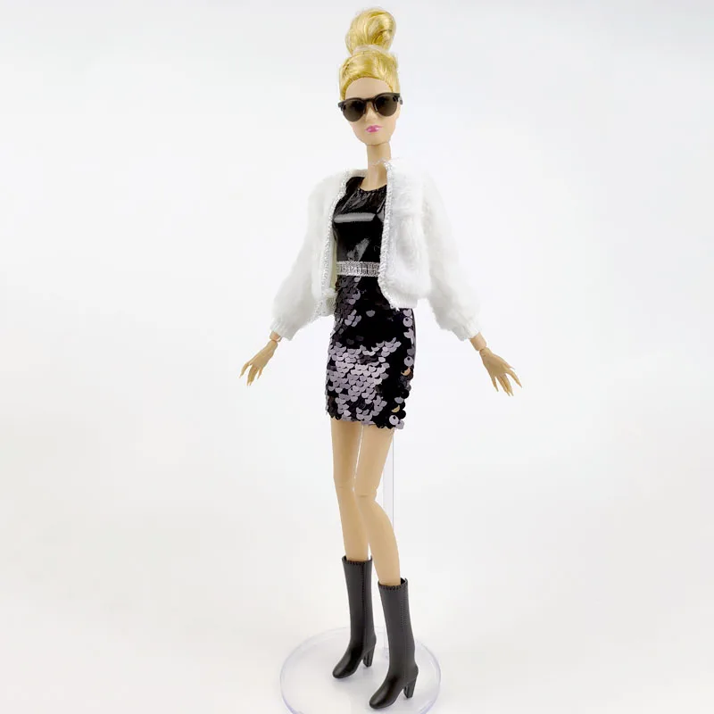Черный, белый, модный комплект одежды для куклы Барби, офисная женская шуба, шляпа, платье с блестками, сапоги, аксессуары для кукол 1/6, игрушки Изображение 3