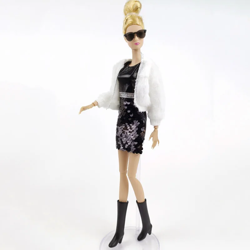 Черный, белый, модный комплект одежды для куклы Барби, офисная женская шуба, шляпа, платье с блестками, сапоги, аксессуары для кукол 1/6, игрушки Изображение 4