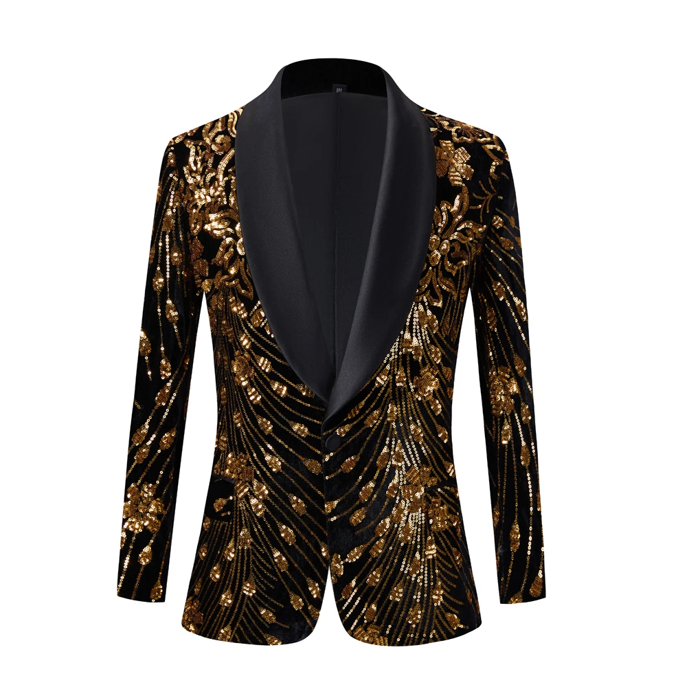 Черный блестящий блейзер с золотыми блестками, пиджак для ночного клуба, костюм для выпускного вечера, Красный мужской костюм Homme, Сценическая одежда для певцов Изображение 0