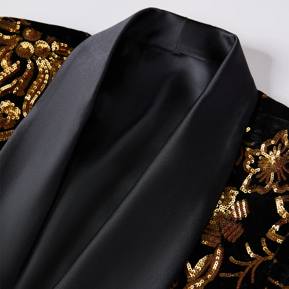 Черный блестящий блейзер с золотыми блестками, пиджак для ночного клуба, костюм для выпускного вечера, Красный мужской костюм Homme, Сценическая одежда для певцов Изображение 2