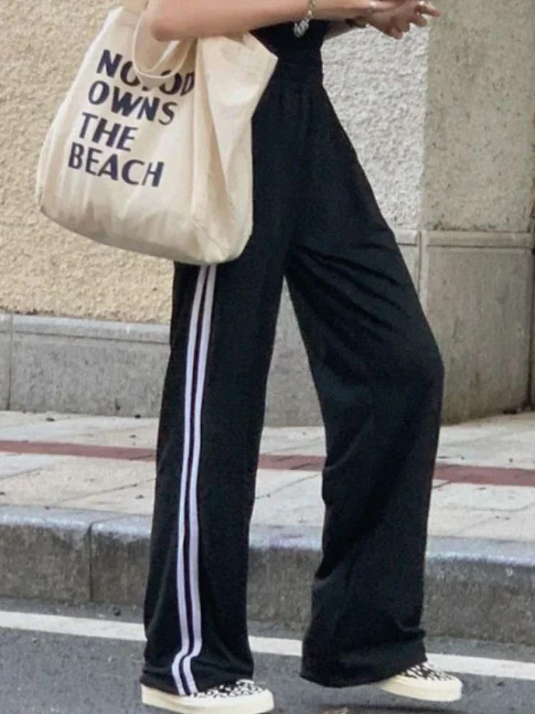 Широкие брюки в полоску большого размера, женские Корейские повседневные спортивные брюки Harajuku, Высокая талия, Свободные карманы, Модные Серые брюки, Новинка Изображение 0