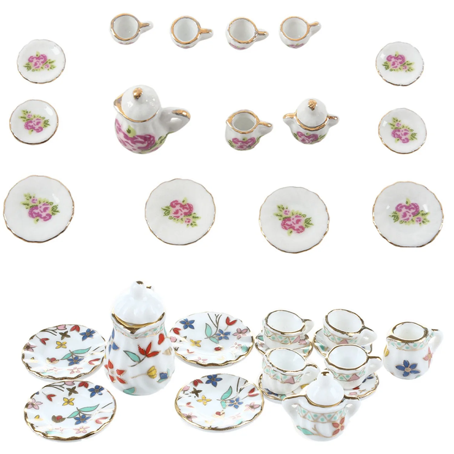 2 комплекта миниатюрной посуды, фарфоровый чайный сервиз - красочный цветочный принт и китайский Изображение 0