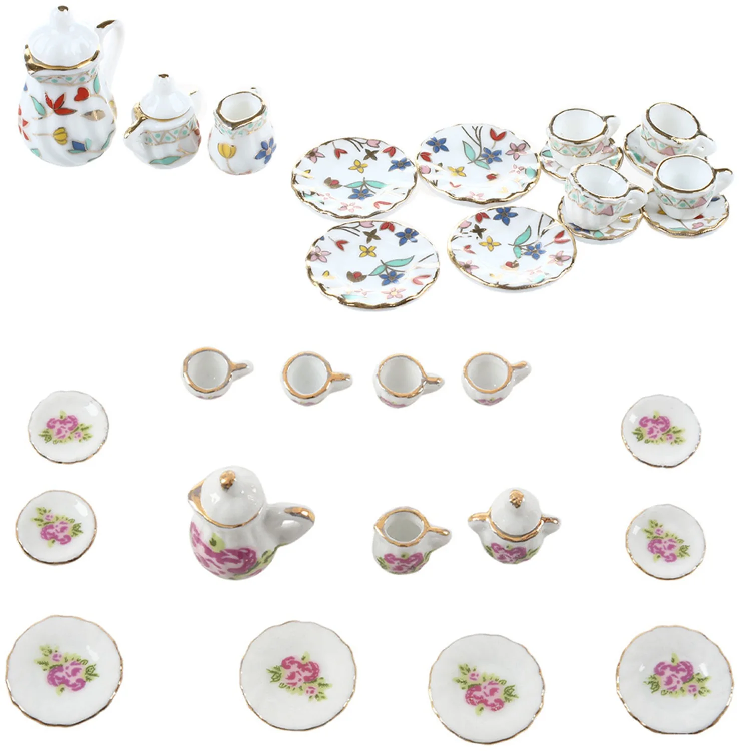 2 комплекта миниатюрной посуды, фарфоровый чайный сервиз - красочный цветочный принт и китайский Изображение 1