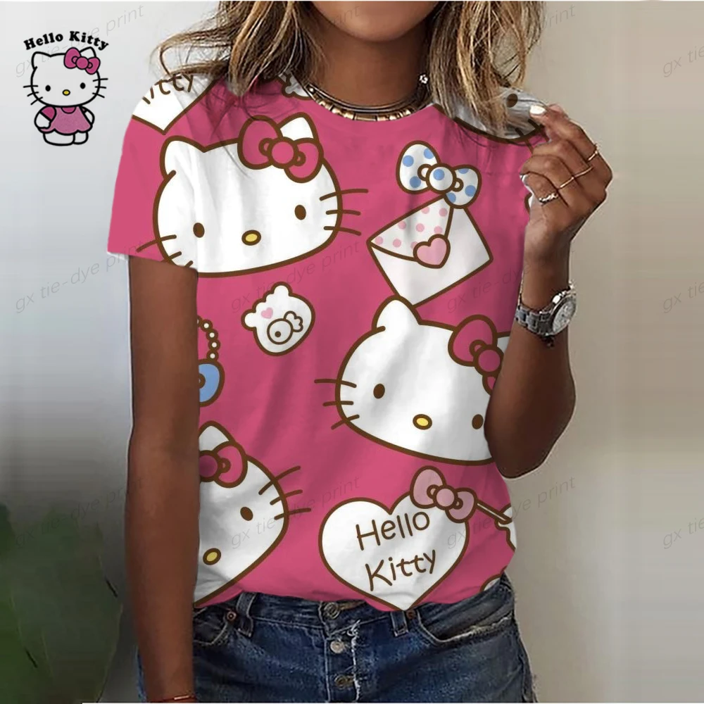 2023 Летняя Женская футболка Harajuku, Футболки с принтом Hello Kitty, Повседневные Блузки, Повседневные Пуловеры, Женские Футболки, Уличная Одежда Изображение 2
