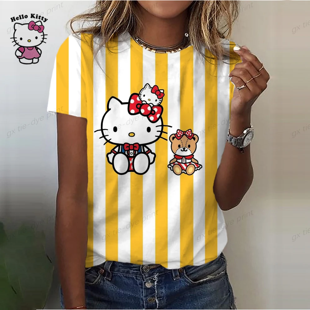 2023 Летняя Женская футболка Harajuku, Футболки с принтом Hello Kitty, Повседневные Блузки, Повседневные Пуловеры, Женские Футболки, Уличная Одежда Изображение 5