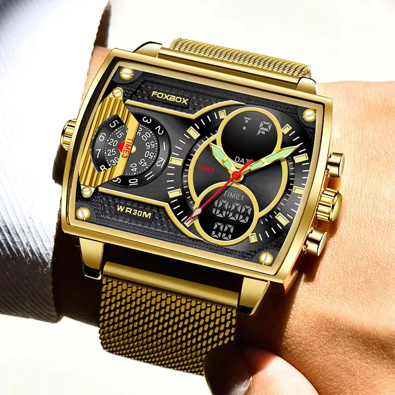 2023 Мужские часы Золотые Кварцевые Светодиодные часы Мужские часы Спортивные Водонепроницаемые наручные часы Мужские Военные Цифровые часы Man Relogio Masculino Изображение 4