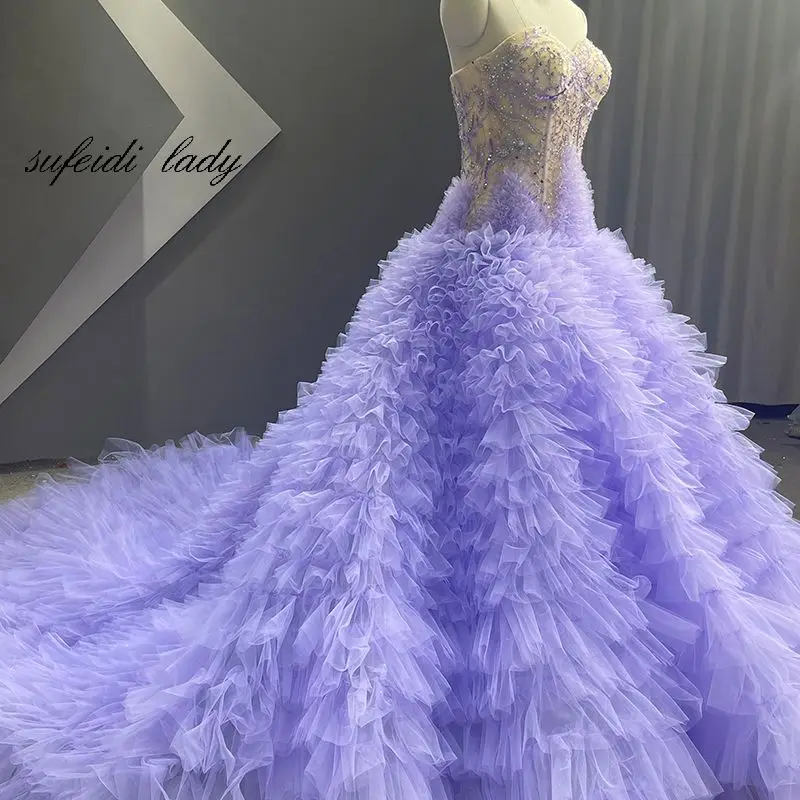 2023 Новое фиолетовое вечернее платье без бретелек ручной работы, расшитое бисером на мицву Изображение 3