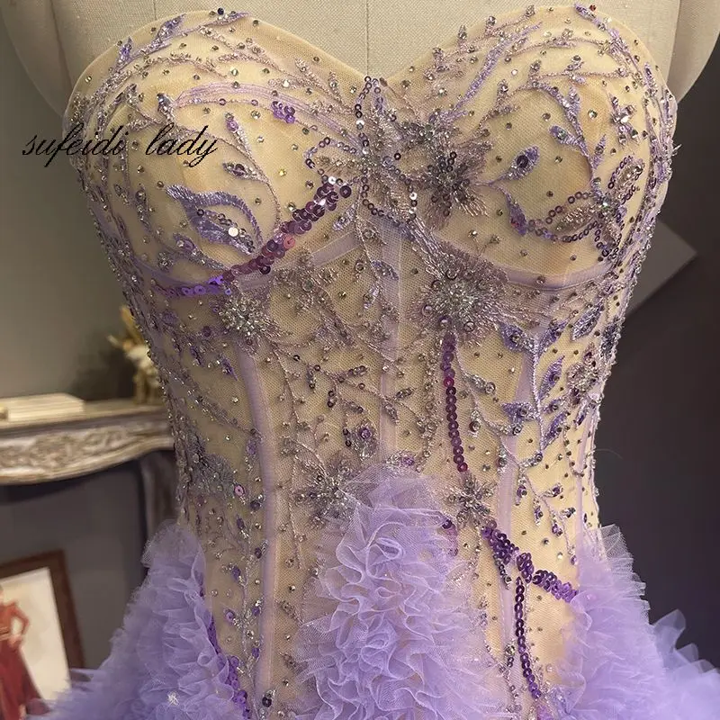 2023 Новое фиолетовое вечернее платье без бретелек ручной работы, расшитое бисером на мицву Изображение 4