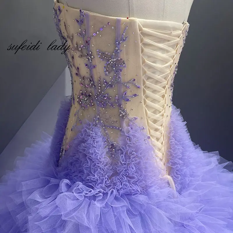 2023 Новое фиолетовое вечернее платье без бретелек ручной работы, расшитое бисером на мицву Изображение 5