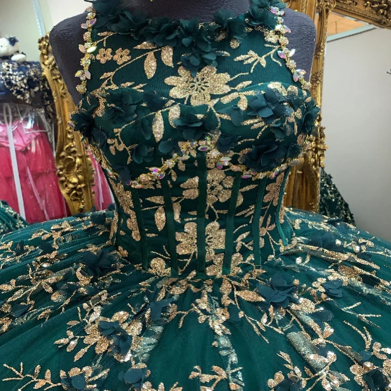 2024 Изумрудно-Зеленое Бальное платье С Открытыми плечами, Пышные платья С Золотыми Цветочными Аппликациями, Кружевной Корсет, Vestidos De 15 Años Изображение 1