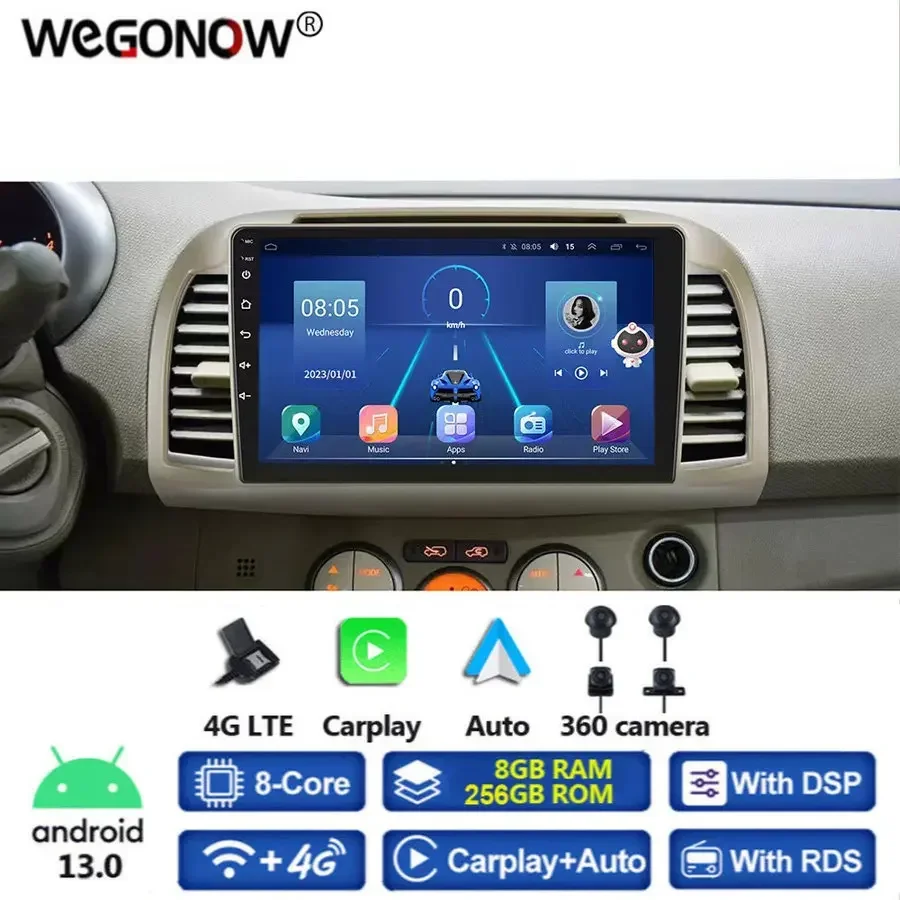 360 Панорамная Камера 8G + 256G Android 13,0 Автомобильный DVD-плеер GPS WIFI Bluetooth RDS Радио Для Nissan March Micra K12 2002 2003-2010 Изображение 0