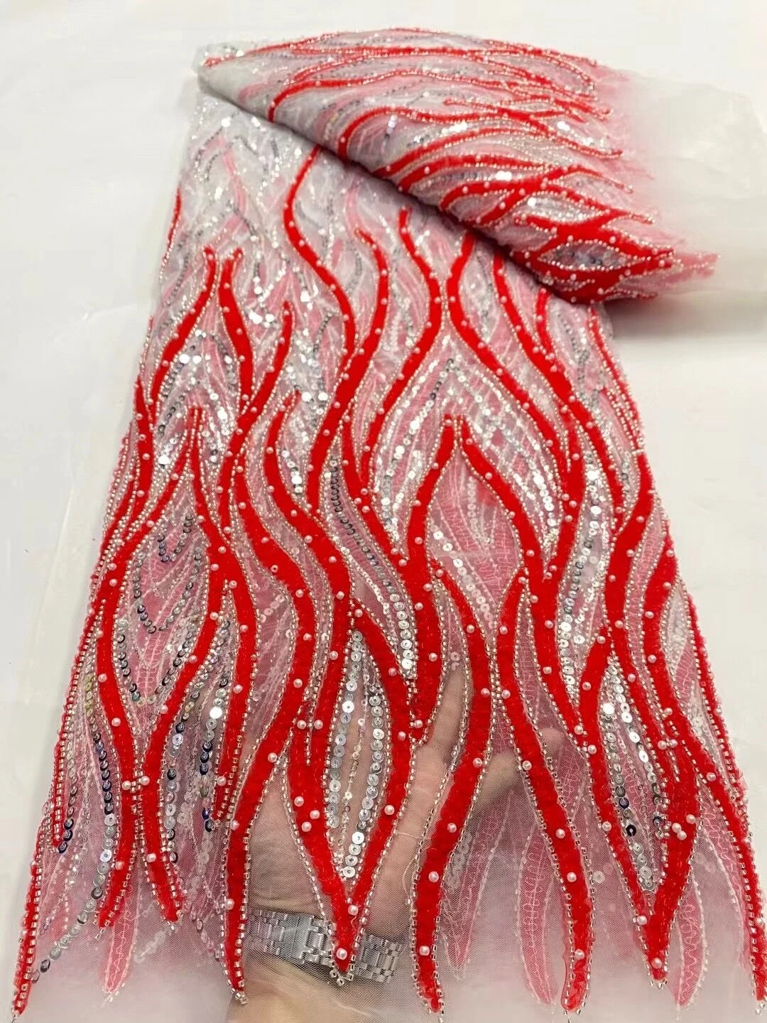 5 ярдов Африканской красной сетки, Тюлевая ткань с блестками, Свадебное платье с вышивкой Для женщин, Кружевные ткани, Дубай, вышитые бисером Швейными метрами Изображение 0