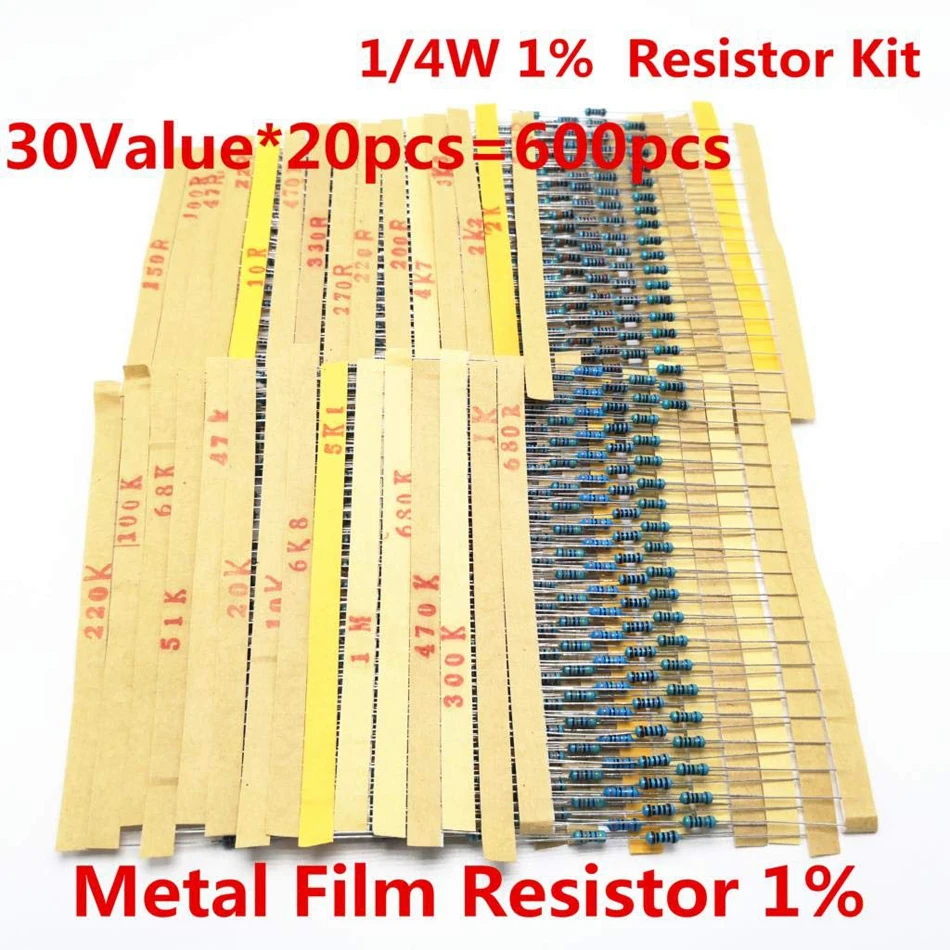 600 шт./лот 30 значений * 20 штук 1% 1/4 Вт комплект резисторов diy Metal Film Resistor kit используйте цветное кольцевое сопротивление (10 Ом ~ 1 М Ом) Изображение 4
