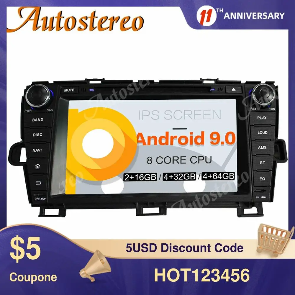 Android 9.0 Автомобильный DVD-плеер GPS-навигация Стерео для Toyota Prius 2009-2013 Автомагнитола Мультимедийный плеер Головное устройство Изображение 0