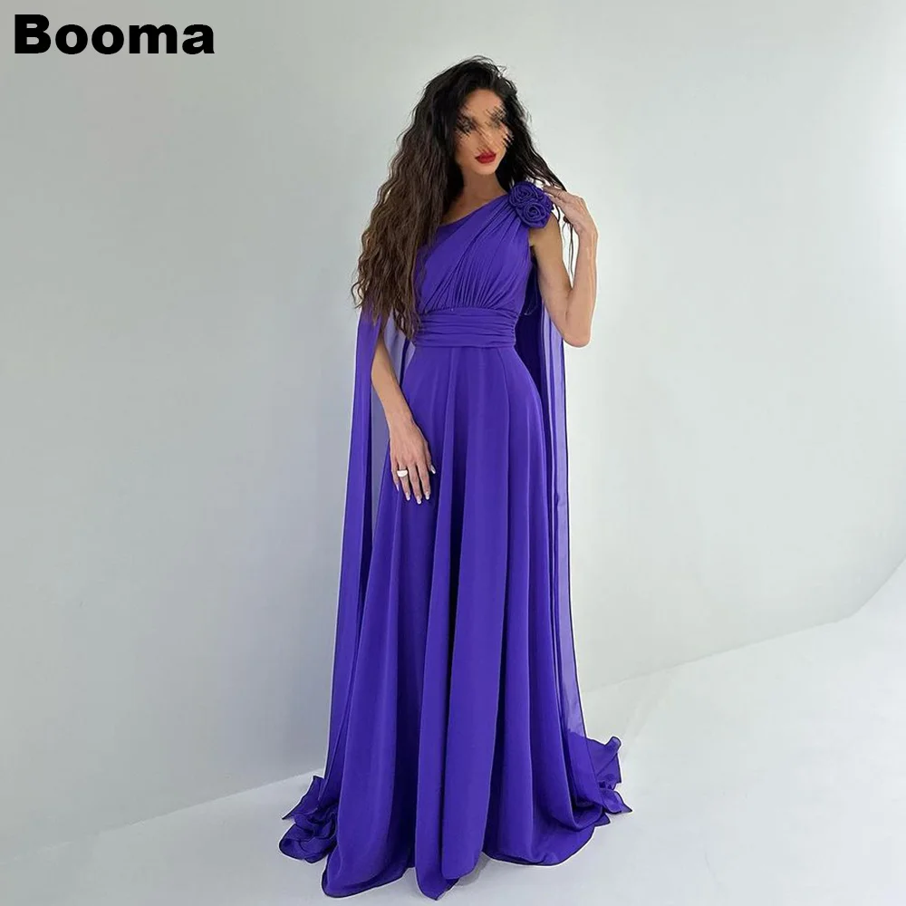 Booma Трапециевидные Фиолетовые Шифоновые Вечерние Платья На Одно плечо с Накидкой из 3D Цветов, Вечерние Платья для Женщин, Платье для Выпускного Вечера в Саудовской Аравии Изображение 0