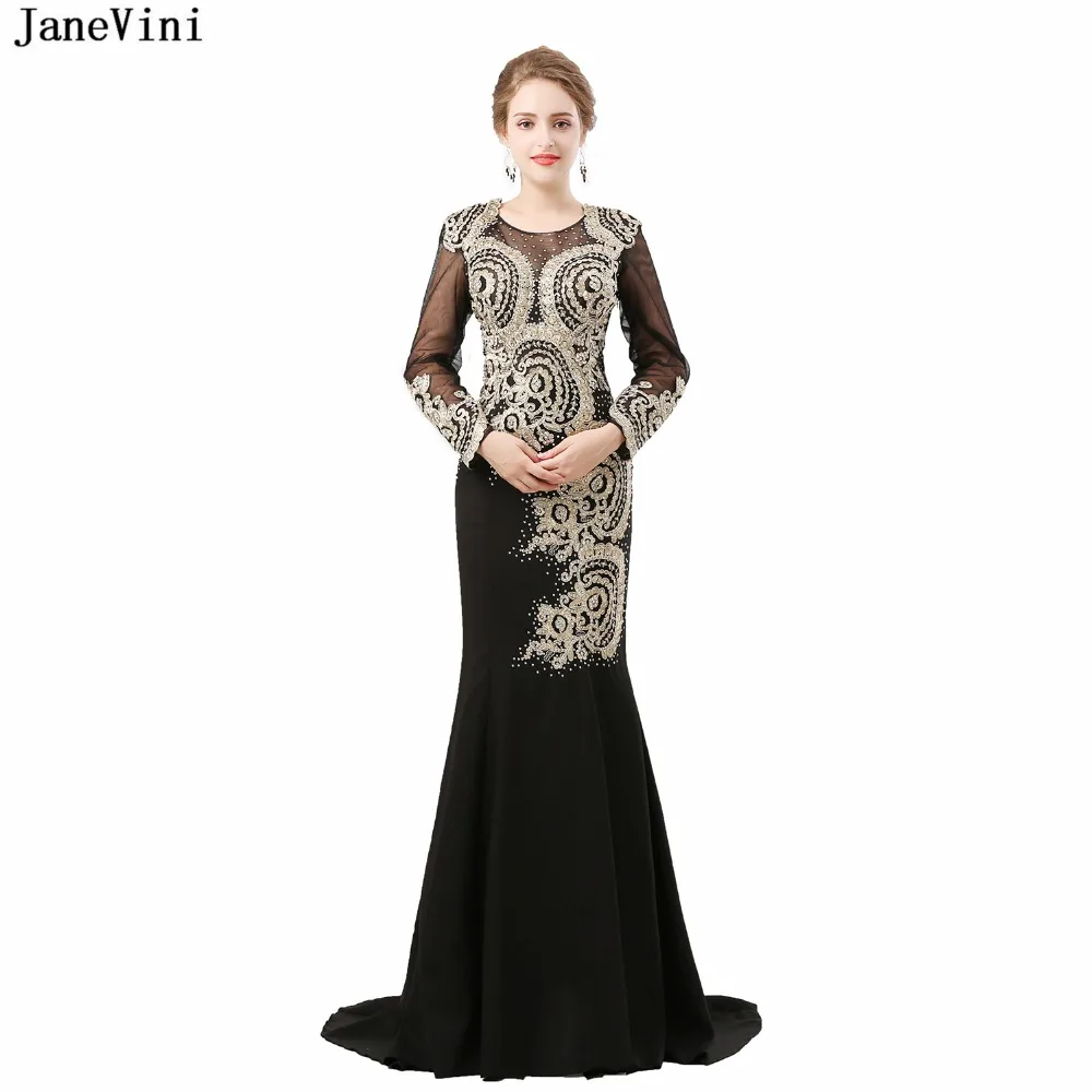 JaneVini Винтажные Арабские Черные атласные платья для матери невесты с длинными рукавами, золотые аппликации, вышитые бисером, Русалочьи вечерние платья для вечеринок Изображение 0
