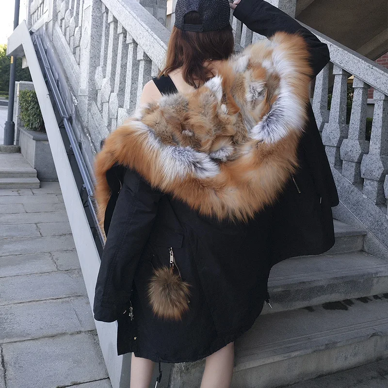 MAOMAOKONG 2023 Парки с подкладкой из меха рыжей лисы, пальто с воротником из натурального меха, толстая теплая женская роскошная куртка с внутренним мехом, Женская Изображение 1
