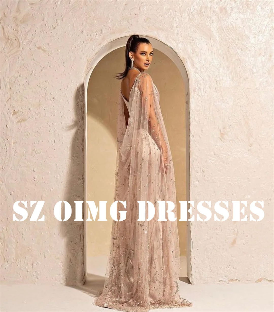 OIMG Новый дизайн, элегантные платья для выпускного вечера цвета шампанского, накидка в арабском стиле, женские атласные вечерние платья на бретельках-русалочках, Официальное праздничное платье Изображение 1