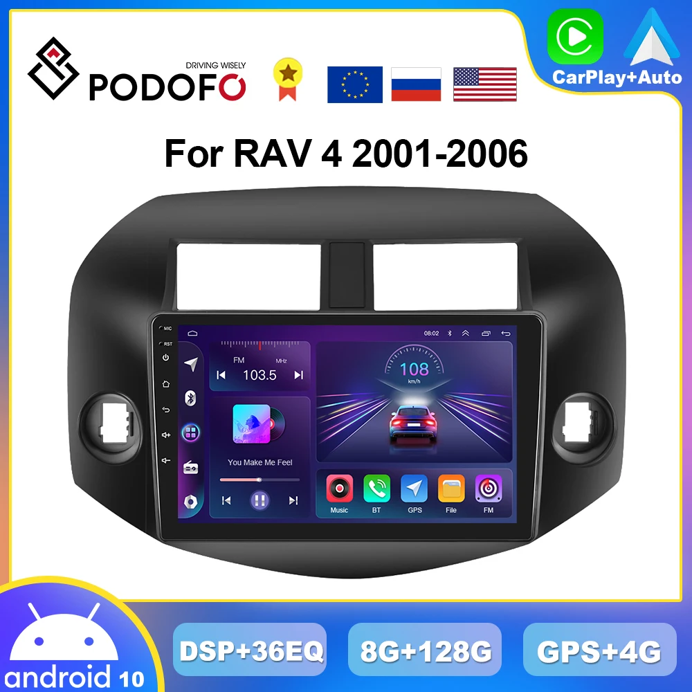 Podofo 4G CarPlay Android Радио Для RAV4 2001-2006 Автомобильный Мультимедийный плеер GPS Стерео HiFi DSP Авторадио Ai Voice 2din Головное устройство Изображение 0