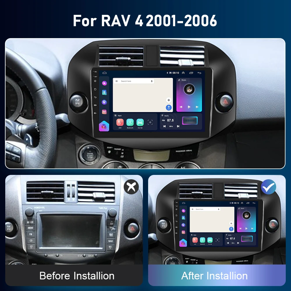 Podofo 4G CarPlay Android Радио Для RAV4 2001-2006 Автомобильный Мультимедийный плеер GPS Стерео HiFi DSP Авторадио Ai Voice 2din Головное устройство Изображение 1