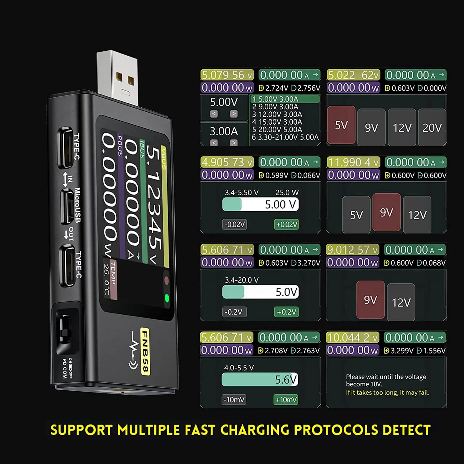 USB-тестер FNB58, цифровой вольтметр, тестер тока, протокол быстрой зарядки USB Type-C, Обнаружение срабатывания питания PD, Макс 7A Изображение 5
