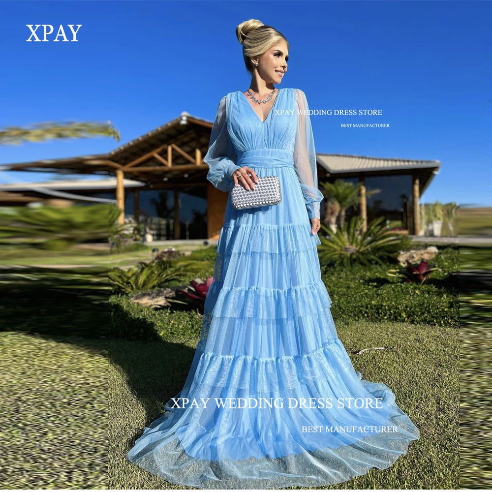 XPAY Элегантные светло-голубые платья для выпускного вечера с V-образным вырезом и длинными рукавами, Многоуровневая юбка, арабские женские вечерние платья, платье для свадебной вечеринки Изображение 0