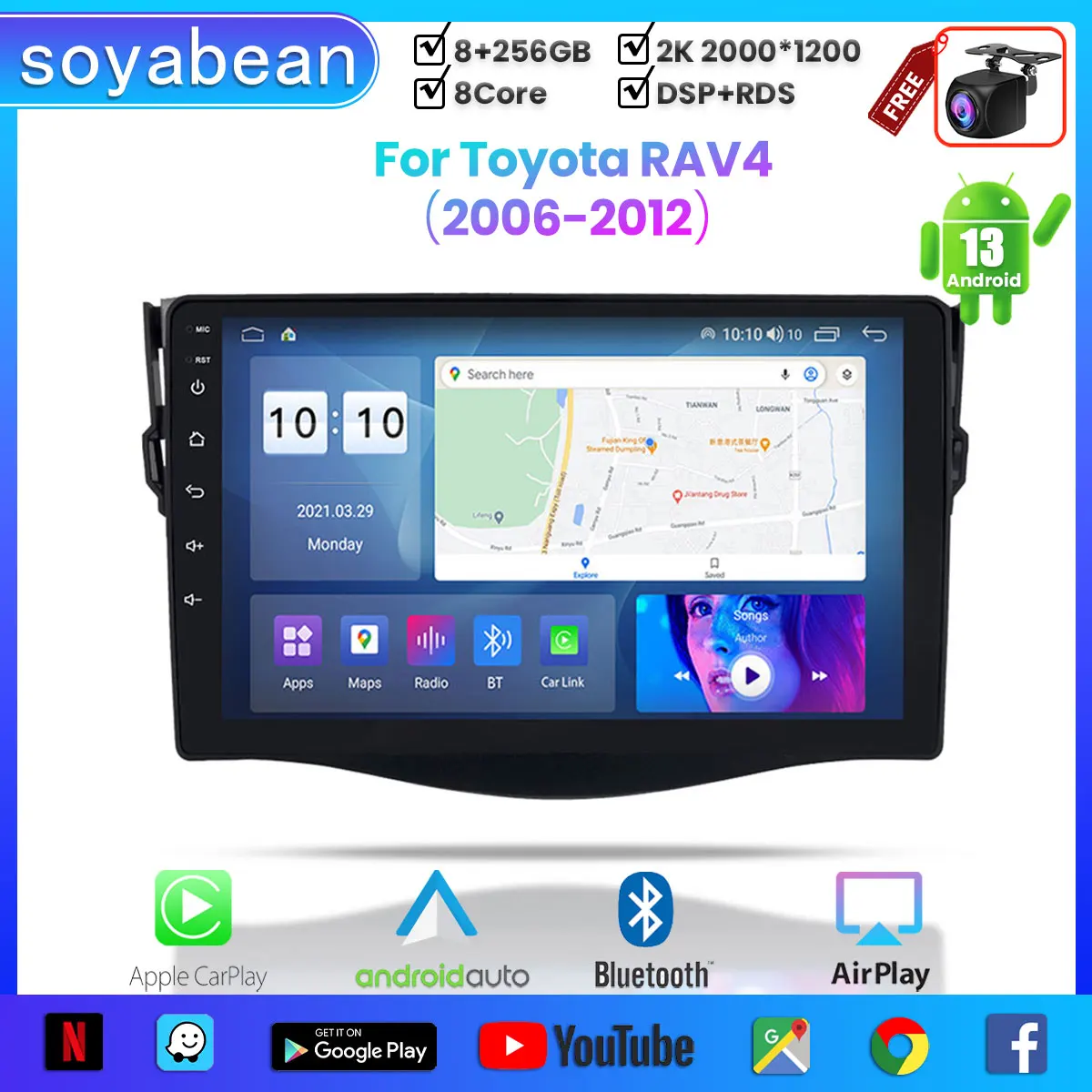 Автомагнитола Android 13 для Toyota RAV4 2006-2012, 9-дюймовый Мультимедийный плеер 2k с 4G Carplay и 2Din GPS-навигацией Изображение 0