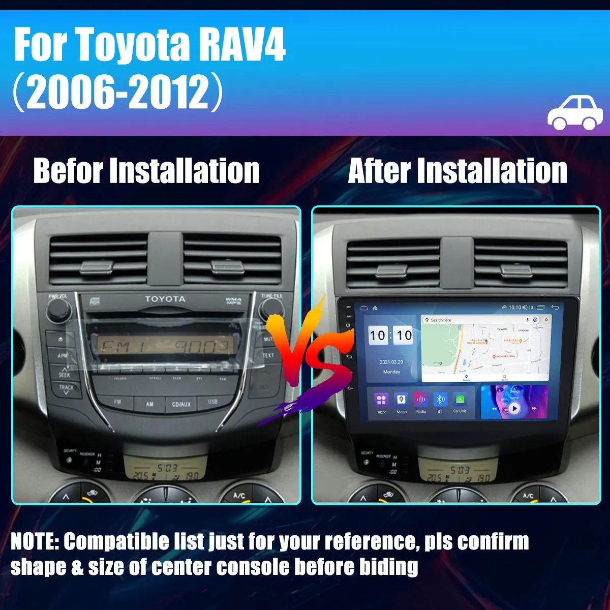 Автомагнитола Android 13 для Toyota RAV4 2006-2012, 9-дюймовый Мультимедийный плеер 2k с 4G Carplay и 2Din GPS-навигацией Изображение 1