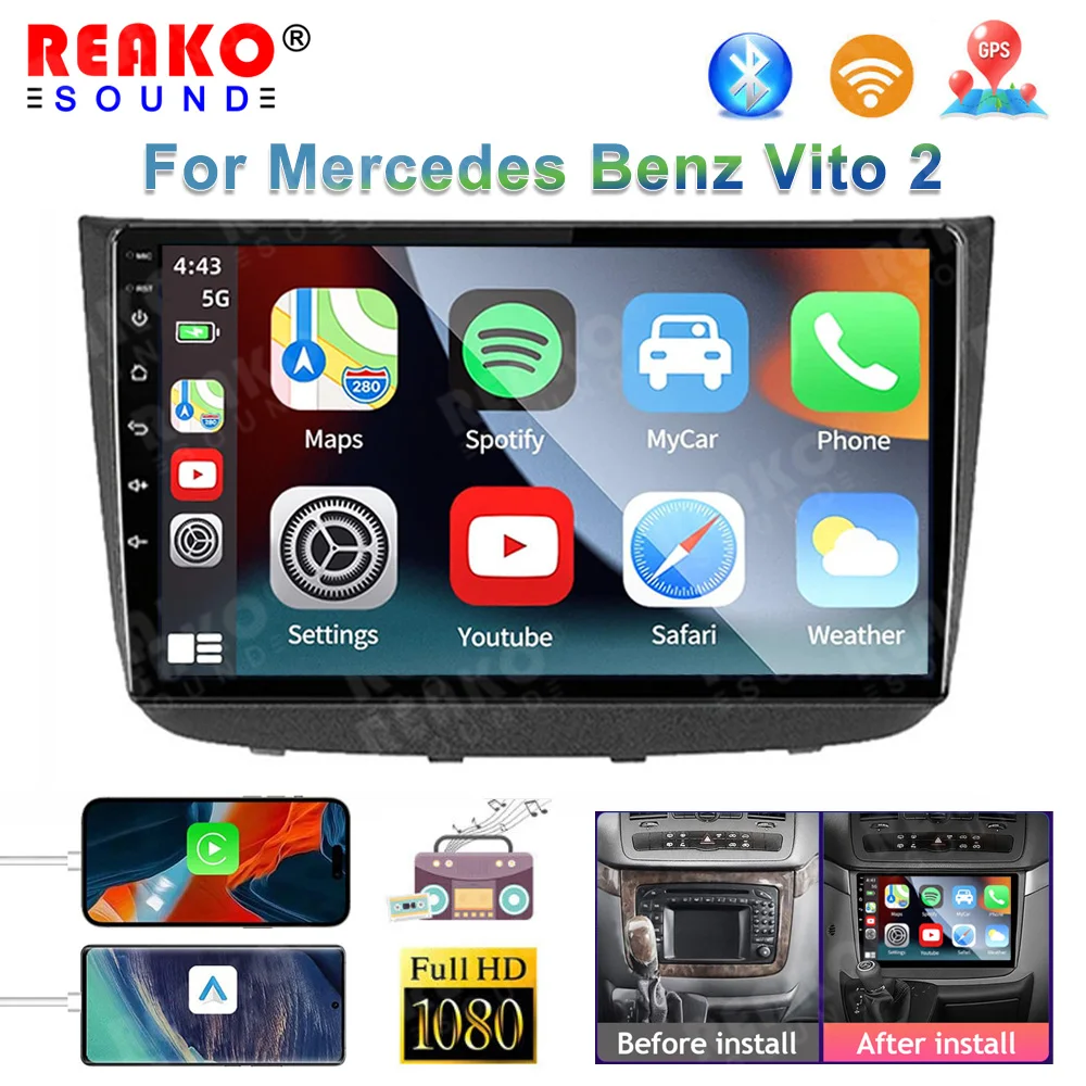 Автомобильное радио REAKOSOUND Стерео Для Mercedes Benz Vito 2 Для Benz Viano 2 W639 2003-2015 Мультимедиа Android CarPlay GPS 2 Din WiFi Изображение 0