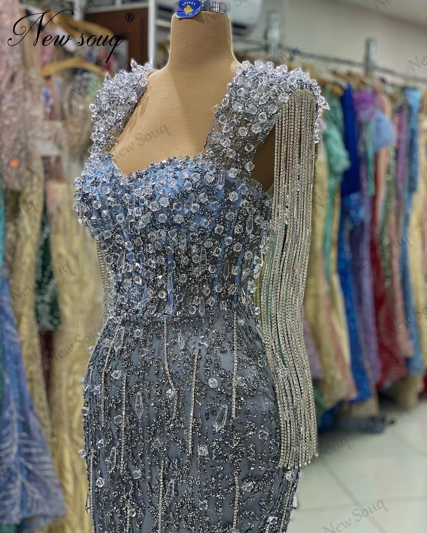 Арабские Вечерние платья с разрезом сбоку, Блестящие Украшенные бисером и Кристаллами Вечерние платья, Vestidos De Noche, Длинное Вечернее платье в Дубае, Сшитое на заказ. Изображение 2