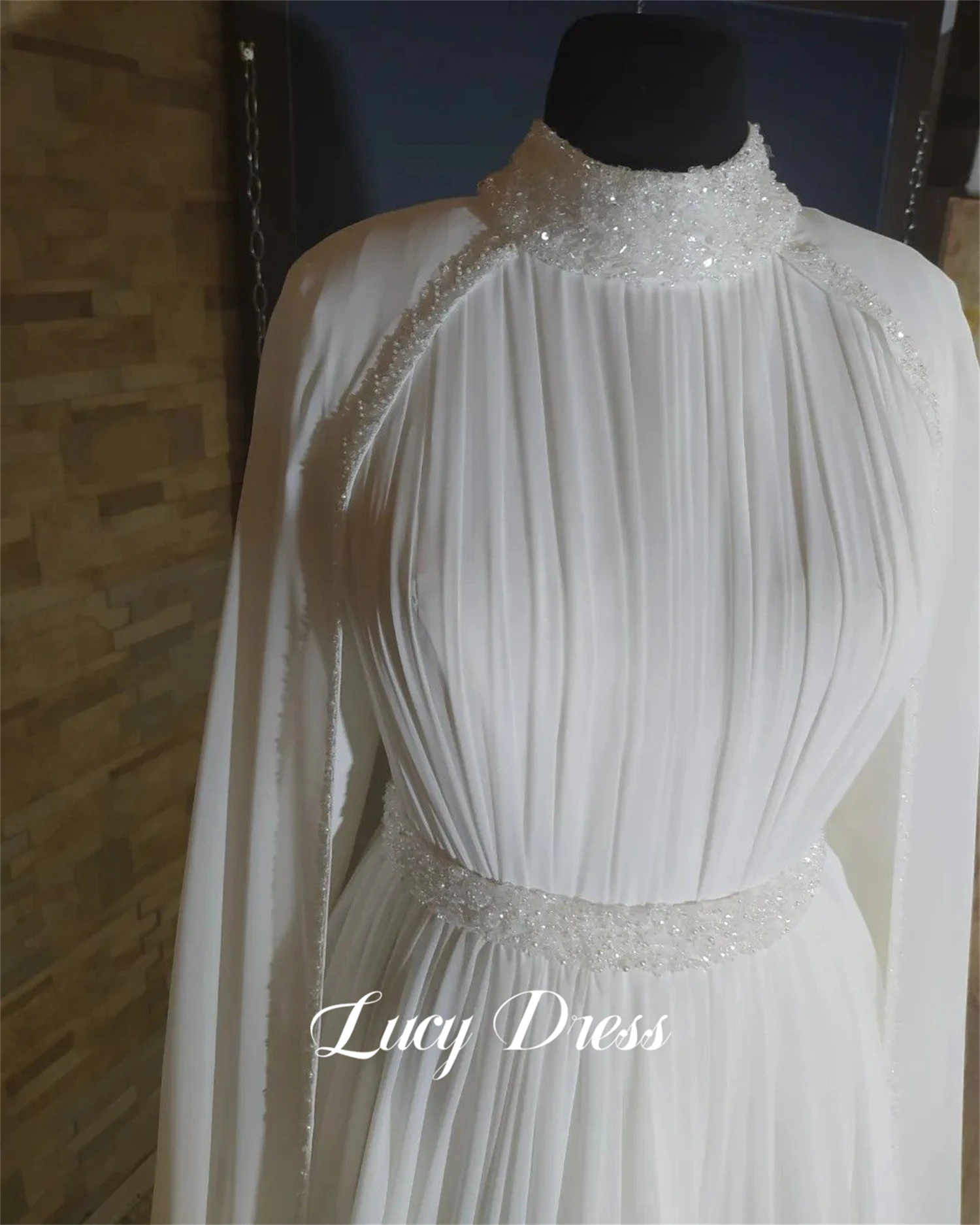 Белое вечернее платье Lucy из шифона, роскошное украшение, расшитое бисером, праздничное платье Eid Al-fitr, длинные платья для особых случаев Изображение 3