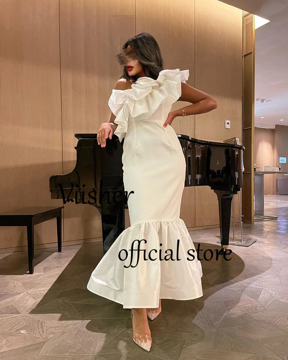 Белые Атласные Вечерние платья Русалки на одно плечо, Складки, Атласное вечернее платье длиной до щиколоток, Вечерние платья Arabian Dubai Изображение 1