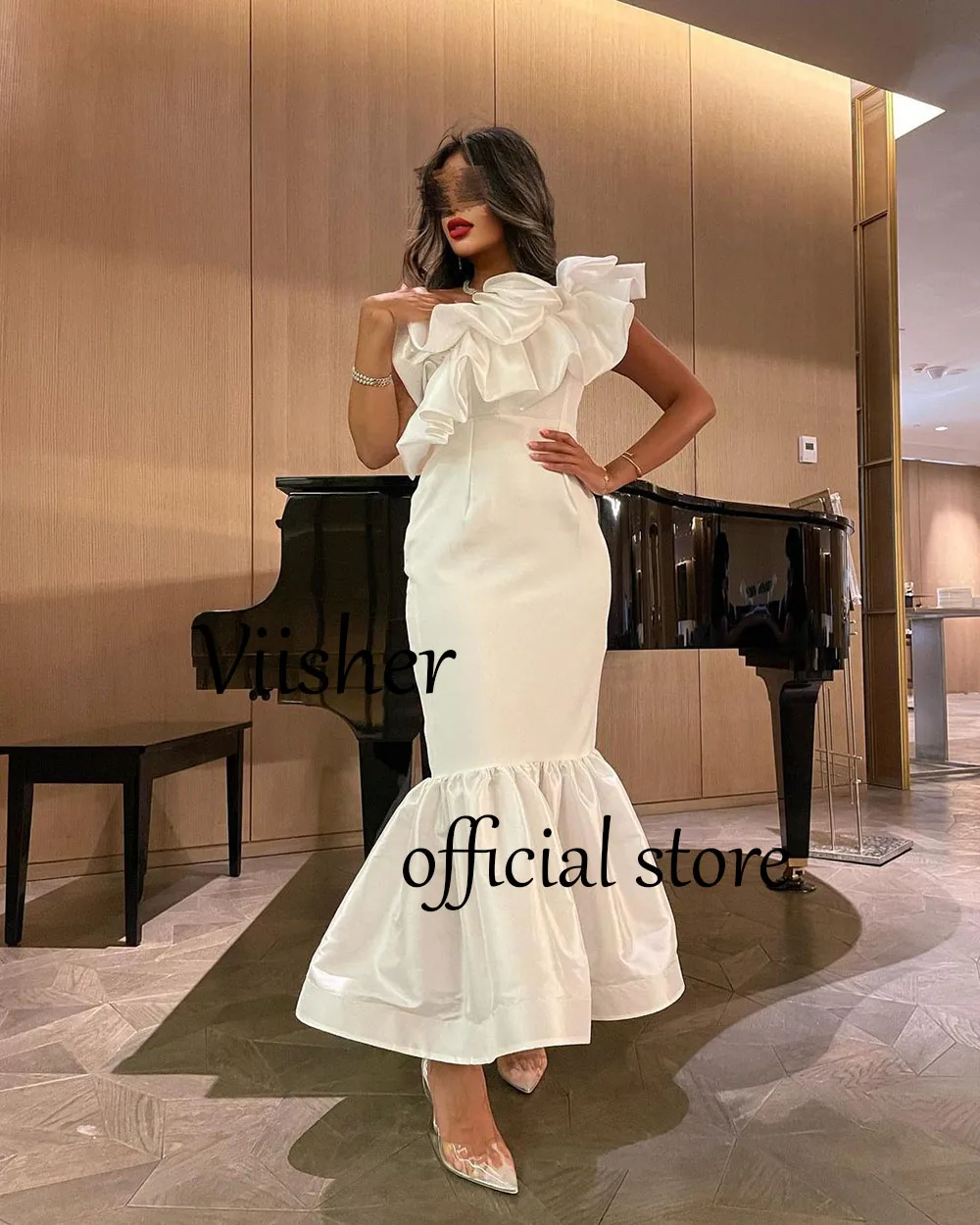 Белые Атласные Вечерние платья Русалки на одно плечо, Складки, Атласное вечернее платье длиной до щиколоток, Вечерние платья Arabian Dubai Изображение 2