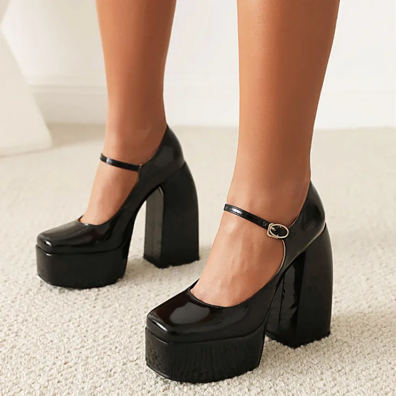 весенне-осенние Новые стили, модные женские туфли на высоком каблуке с круглым носком, вечерние женские туфли на квадратном каблуке с пряжкой и мелким носком Изображение 1