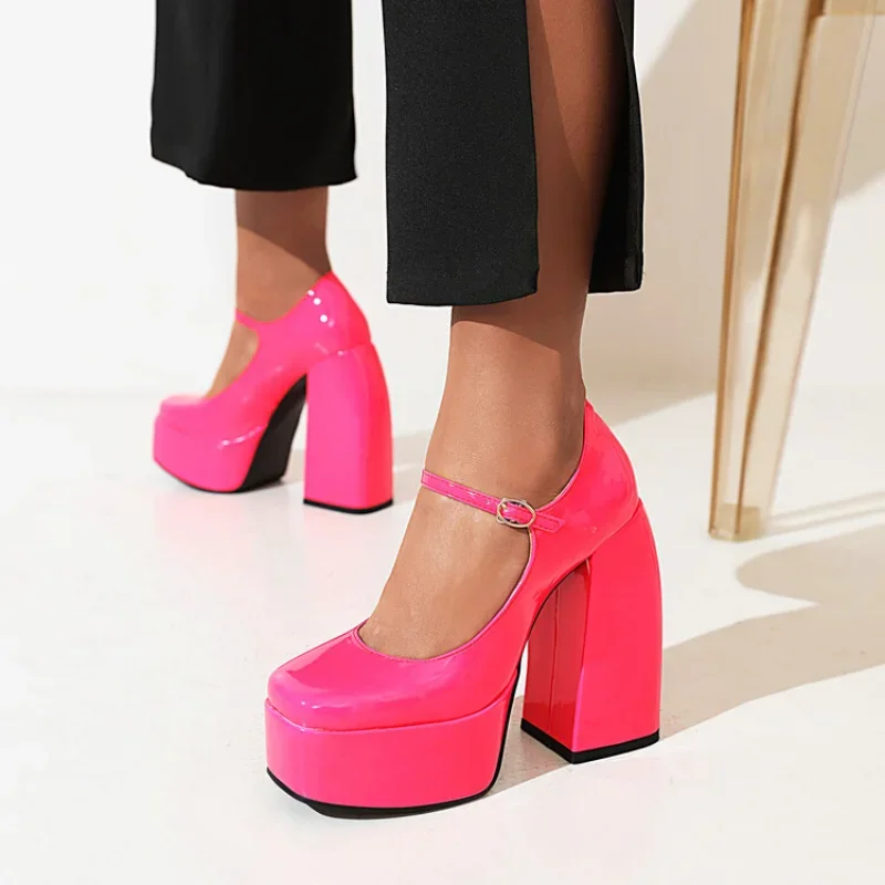 весенне-осенние Новые стили, модные женские туфли на высоком каблуке с круглым носком, вечерние женские туфли на квадратном каблуке с пряжкой и мелким носком Изображение 5