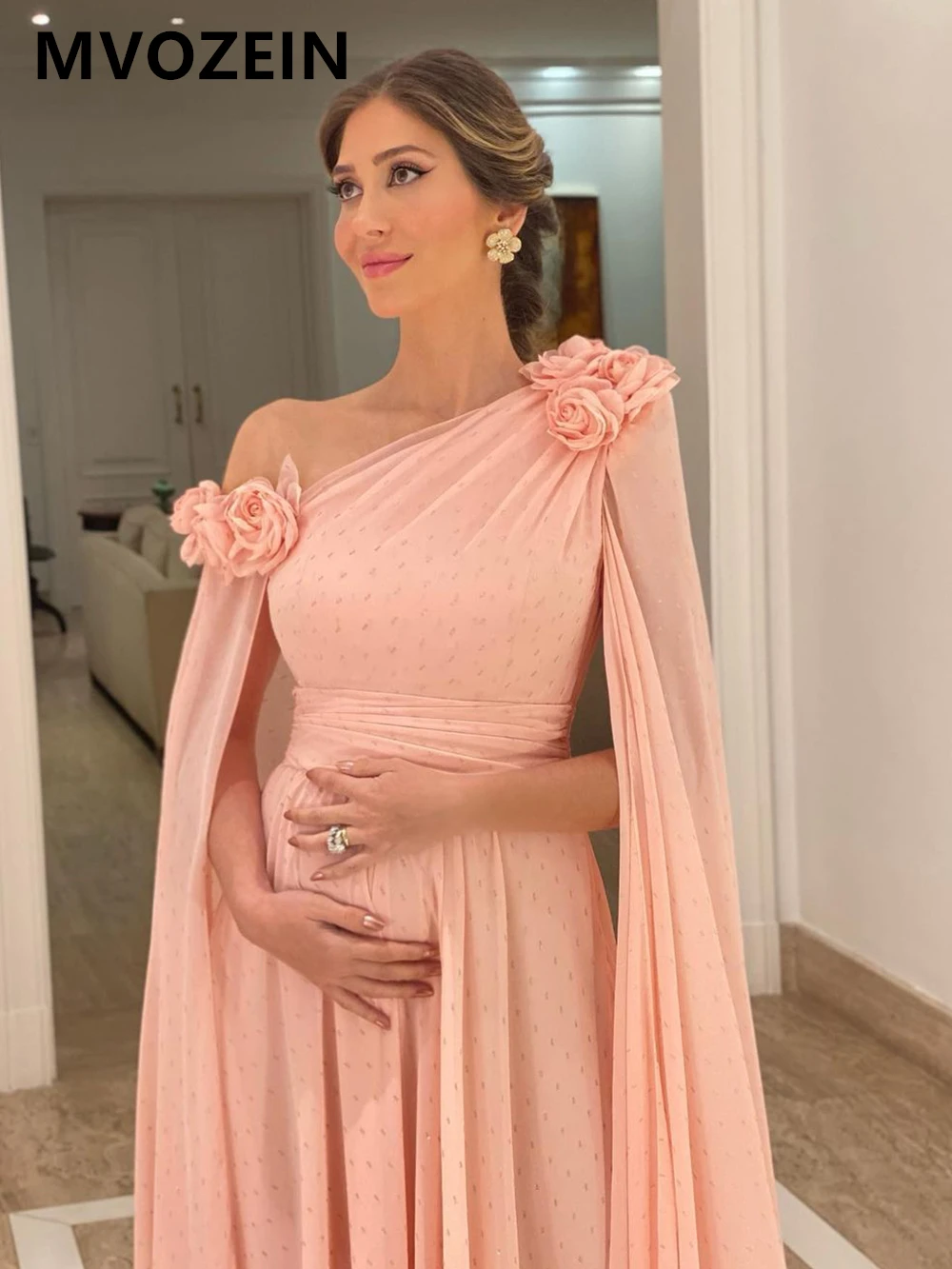 Вечернее платье Mvozein Blush с жакетом, платье для беременных, 2023, Шифоновое Элегантное вечернее платье в складку трапециевидной формы, Длинное Изображение 4