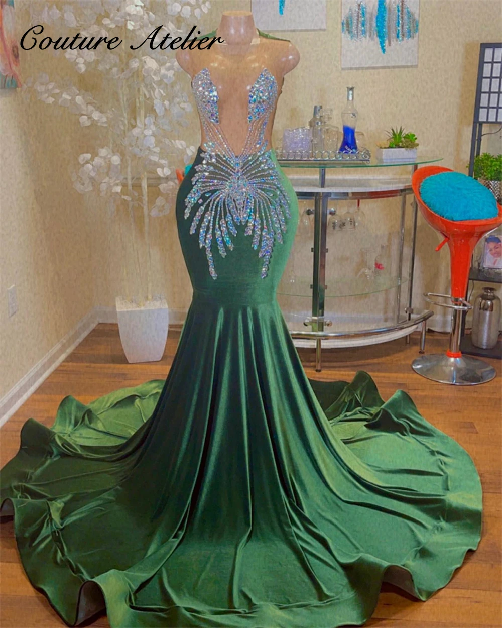 Винтажные Зеленые платья для выпускного вечера Mermiad для чернокожих девушек С разноцветными кристаллами Элегантное платье Русалки для свадебной вечеринки Вечерние платья с круглым вырезом Изображение 0