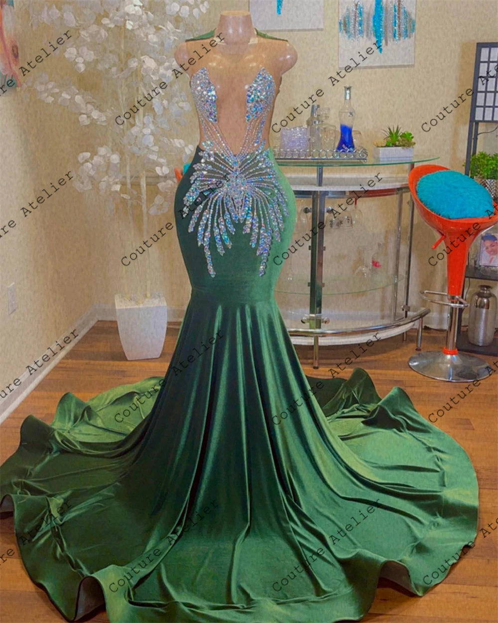 Винтажные Зеленые платья для выпускного вечера Mermiad для чернокожих девушек С разноцветными кристаллами Элегантное платье Русалки для свадебной вечеринки Вечерние платья с круглым вырезом Изображение 2