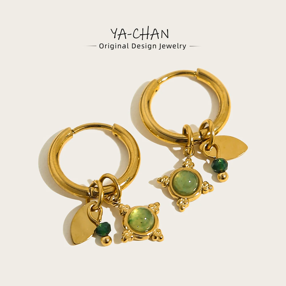 Женские серьги-кольца из нержавеющей стали с 18-каратным позолотой YACHAN, роскошные подвески из зеленого натурального камня, эстетичные ювелирные изделия Изображение 0
