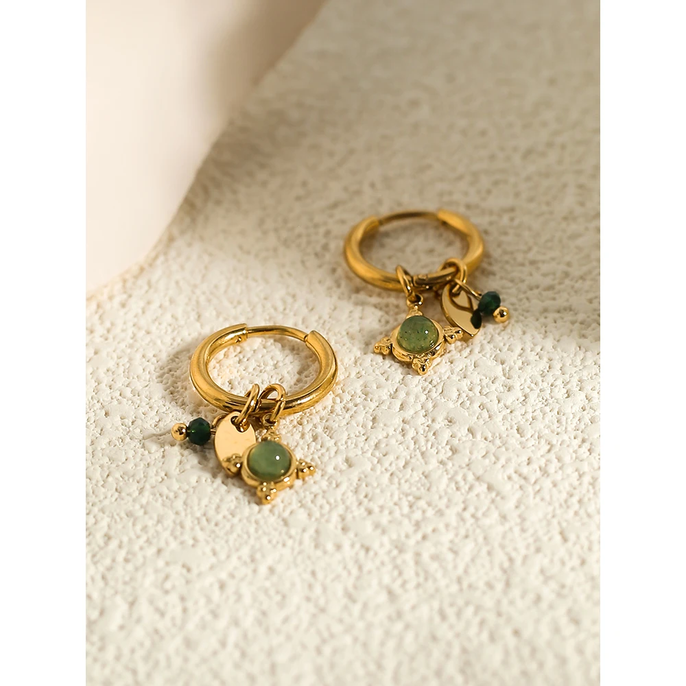 Женские серьги-кольца из нержавеющей стали с 18-каратным позолотой YACHAN, роскошные подвески из зеленого натурального камня, эстетичные ювелирные изделия Изображение 2
