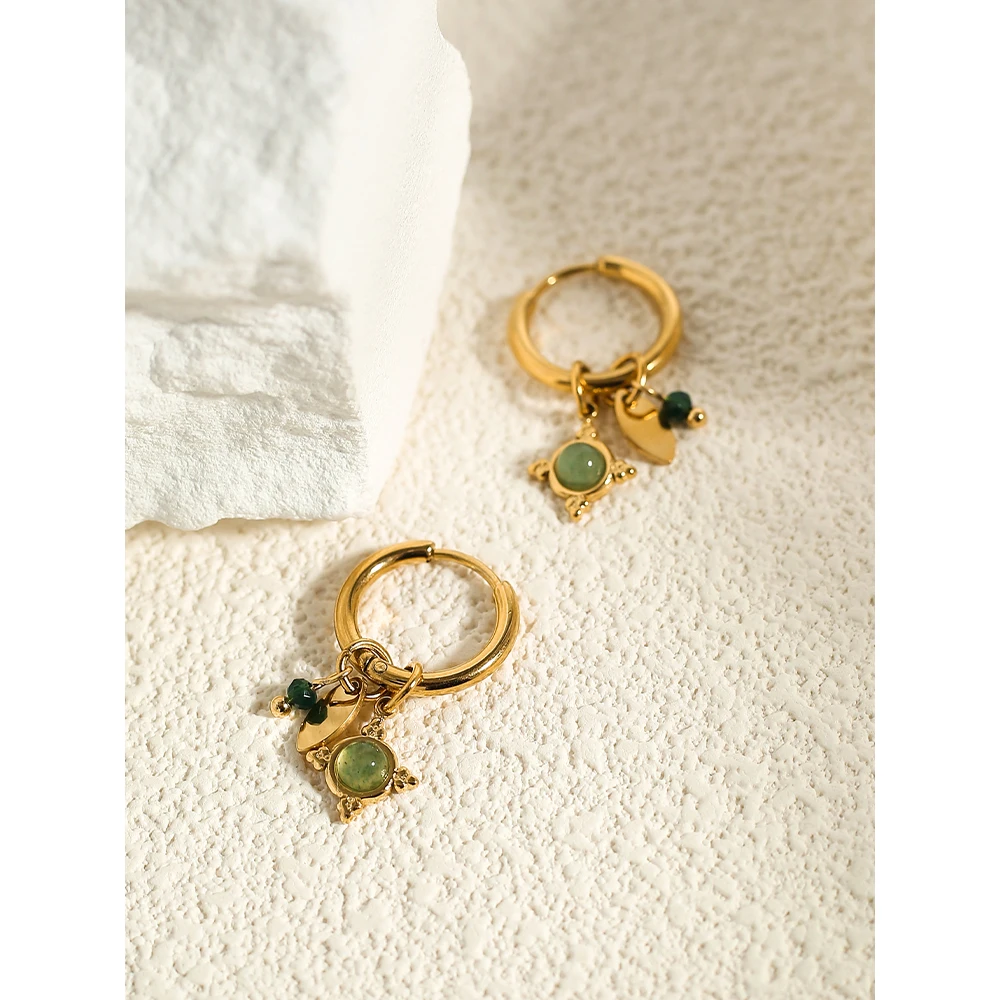Женские серьги-кольца из нержавеющей стали с 18-каратным позолотой YACHAN, роскошные подвески из зеленого натурального камня, эстетичные ювелирные изделия Изображение 4