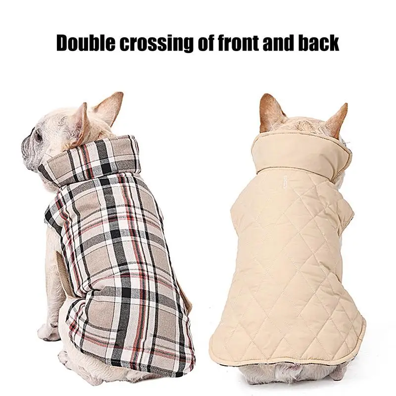 Зимняя куртка для собак, ветрозащитная флисовая куртка для собак, двусторонняя клетчатая куртка в британском стиле с отверстием для шлейки, зимняя одежда для большинства собак Изображение 4