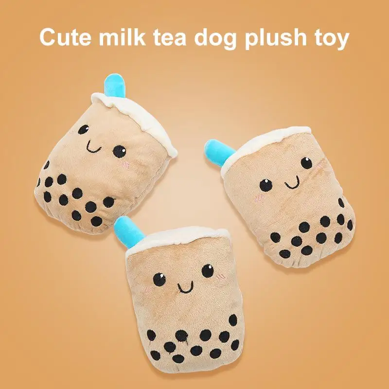 Игрушки для грызения собак, Мультяшная улыбающаяся мордашка, имитирующая чай с жемчужным молоком, Плюшевое встроенное голосовое устройство, игрушка для удовольствия от чистки коренных зубов Изображение 1
