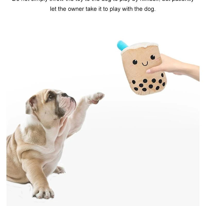 Игрушки для грызения собак, Мультяшная улыбающаяся мордашка, имитирующая чай с жемчужным молоком, Плюшевое встроенное голосовое устройство, игрушка для удовольствия от чистки коренных зубов Изображение 2